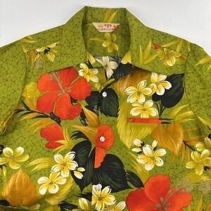 Vintage 70s Sears Hawaiian Green Floral Button Up Shirt Men's Sz M Honolulu